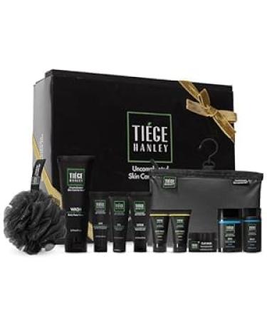 Tiege Hanley Mens Skin Care Gift Box Set Gold - Men's Skincare Set Includes Face Wash AM & PM Facial Moisturizer Scrub Clay Mask Body Wash Glycolic Pads Anti Chafe Powder Scrubber & Dopp Kit