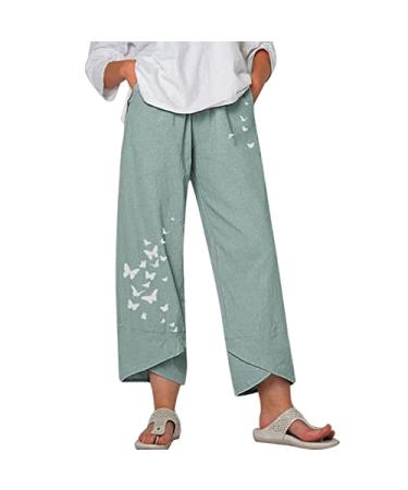 Summer Capris for Women,Women's Casual Summer Capri Pants Cotton Linen Print Wide Leg Ankle Pants with Pockets T06-green 3X-Large