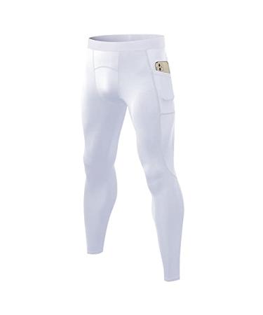 CARGFM Men's Compression Pants Athletic Leggings Active Running Tights Cycling Workout Base Layer Pants 02-white With Pocket Medium