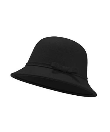 Women Felt Hat, Bucket Hat, Adjustable Vintage Bowler Suede Wool Hat with Bowknot Black