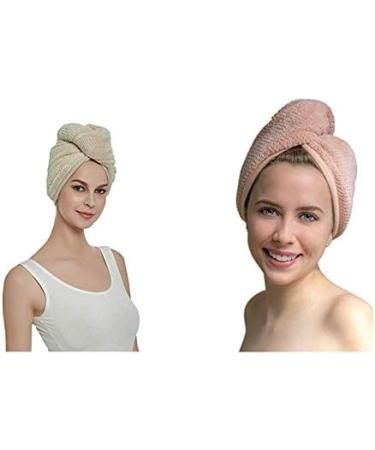 2-Pack Microfiber Hair Towels | Soft Pink & Khaki Shower Hood Head Wrap & Sleeping Cap for Women & Girls - Super Absorbent & Fluffy Fleece - Buy Online on GoSupps.com