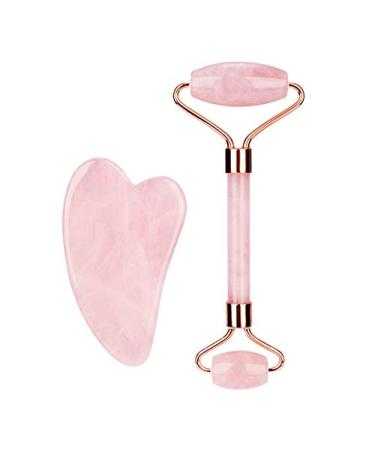 Jade Roller Gua Sha Facial Tools Set - Rose Quartz Stone Face Neck Body Guasha Board Face Roller Massager Muscle Relaxing Relieve Wrinkles(Pink)