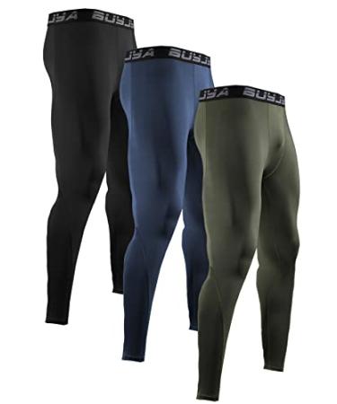 BUYJYA 3 Pack Men's Compression Pants Running Tights Workout Leggings Athletic Cool Dry Yoga Gym Clothes Gift Medium Blue-army Green-black