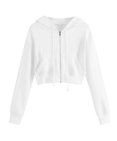 Long Sleeve Crop Top Zip Up Hoodie Workout Clothes Sweatshirts with Pockets for Women White