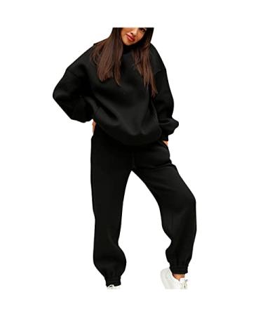 Maqroz Sweat Suits for Womens 2 Piece Outfits Sweatsuits Set Casual Hoodie and Sweatpants Jogger Set with Kangaroo Pockets Black X-Large
