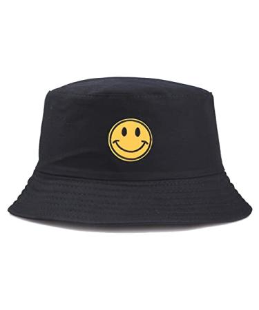 Anroll Unisex Smiling Face Embroidered Bucket Hats Sun Hat for Womens Men Black3