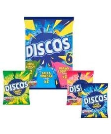Discos Assorted Crisps(6X25.5G) | Cheese & Onion Flavour Wheat Snack | Salt & Vinegar Flavour Wheat Snack | Prawn Cocktail Flavour Wheat Snack | Snacks can be enjoyed as part of a balanced diet - Buy Online on GoSupps.com