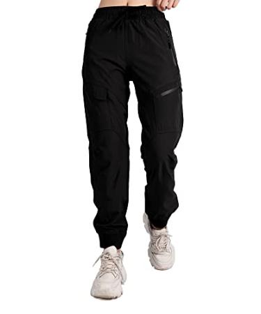 Singbring Women's Athletic Hiking Cargo Joggers Pants Outdoor Workout Lightweight Quick Dry UPF 50 Zipper Pockets Black Medium