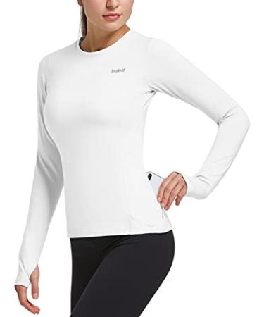 BALEAF Women's Thermal Fleece Tops Long Sleeve Running Athletic Shirt with Thumbholes Zipper Pocket for Cold Weather White Large