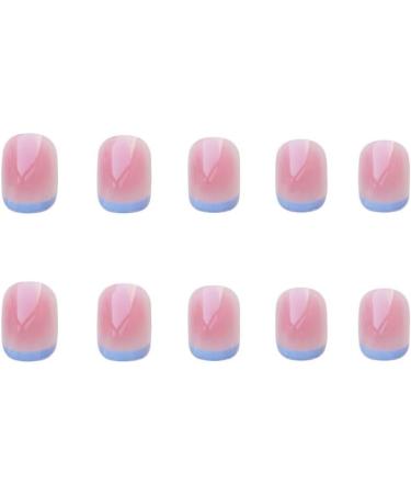 French Tip Press on Nails - Short Square Press On Nails with Nail Tips Powder Blusher Blue edge Pink Glitter Design Glossy pink press on nails Acrylic False Nails Cute Artificial Nails - Buy Online on GoSupps.com
