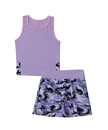 TiaoBug Kids Girls Golf Tennis Dress Outfits Racerback Tank Tops and Skirt Set with Built-in Shorts Sport Skort Set Camouflage Purple 6
