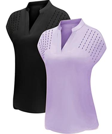 DOTIN Womens 2 Pack Golf Polo Shirts Short Sleeve V Neck Collared Quick Dry Tennis Sports Shirts Workout Tops Black & Purple 2 Pieces 3X-Large