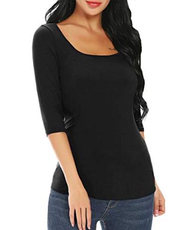 Gemolly Women's 3/4 Sleeve Tops Square Neck Soft Stretch Slim Fit Tee Shirts Black Small