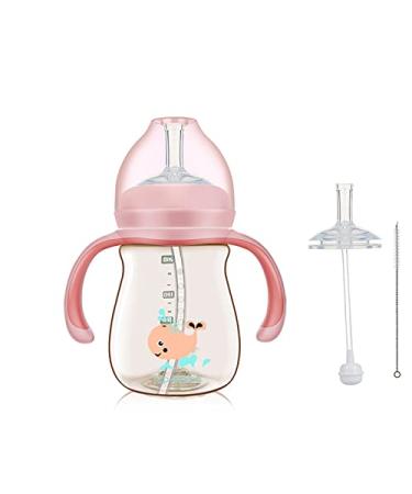 TOP MAMA Baby Cup with Suction Tube and Anti Overflow  PPSU Baby Learning Cup with Handle  Suitable for 6 Months Baby  2 nozzles  8 oz (240 ml) (Straw Cup(Pink))