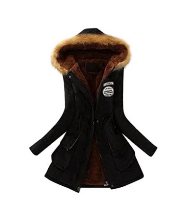 lcepcy Womens Warm Fleece Lined Coats Thermal Winter Hoodies Plus Size Fuzzy Jackets Outerwear with Faux Fur Hood Black X-Large