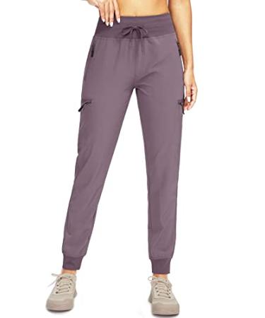 SANTINY Women's Hiking Cargo Joggers Pants with 5 Zipper Pockets Lightweight Quick Dry High Waisted Outdoor Travel Pants Purple Medium