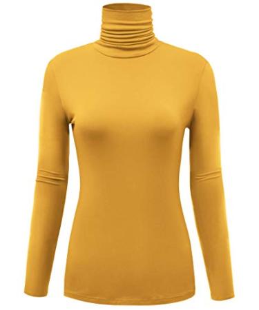 AUHEGN Women's Long Sleeve Lightweight Turtleneck Top Slim Fit Pullover T-Shirt (S-XXL) X-Large Mustard