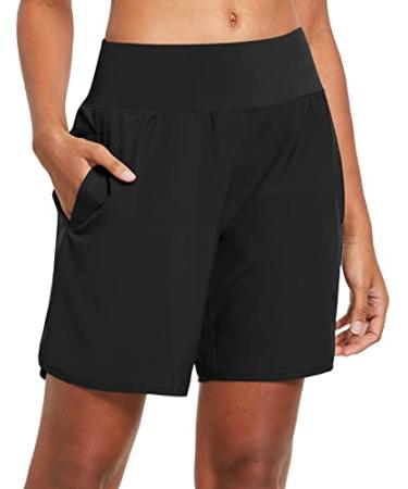 BALEAF Women's 7" Long Running Shorts with Liner Athletic Workout Shorts Zipper Pocket Black Medium