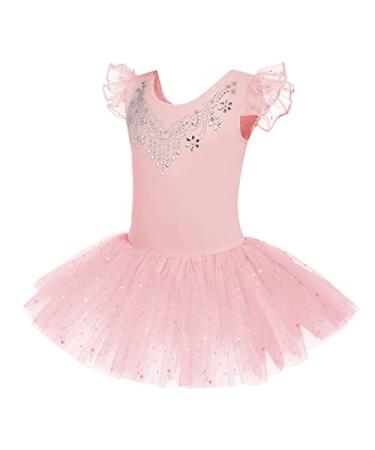 Flypigs Ballet Leotards for Girls Ballerina Tutu Dresses with Shiny Skirt Sequin Ruffle Sleeve Ballet Dance Dress 3-4T Pink