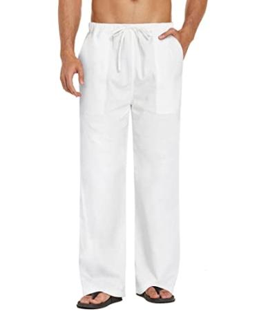 COOFANDY Mens Linen Loose Casual Lightweight Elastic Waist Yoga Beach Pants Small A- White
