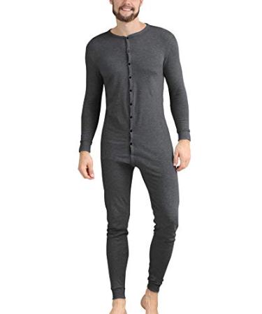 COLORFULLEAF Men's Cotton Thermal Underwear Union Suits Henley Onesies Base Layer Dark Grey Large