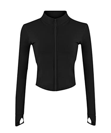UANEO Workout Tops for Women Cropped Workout Jackets for Women Yoga Athletic Jacket Black Small