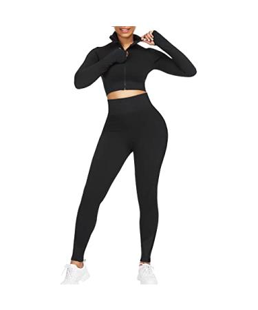 JOYMODE Workout Sets for Women 2 Piece - Seamless Textured High Waist Leggings and Crop Top Gym Sets Large 2 Piece-black