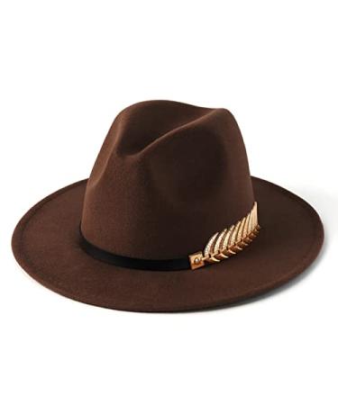 HUDANHUWEI Women's Wide Brim Fedora Panama Hat with Metal Belt Buckle Coffee-1