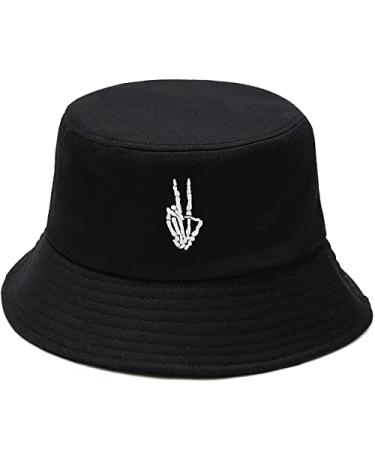 XYIYI Fashion Embroidery Bucket Hat Cotton Beach Fisherman Hats for Women Girls Skull Finger Black