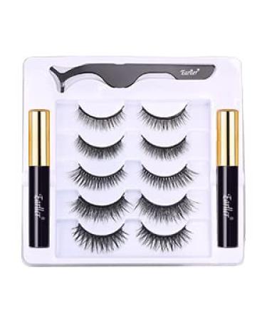 EARLLER Natural Magnetic Eyelashes Kit, 5 Pairs Short Small Magnetic Lashes Natural Looking with 2 Tubes of Waterproof Strong Magnetic Eyeliner & 1 Brush - Easy to Apply and Remove Soft 5 Pairs