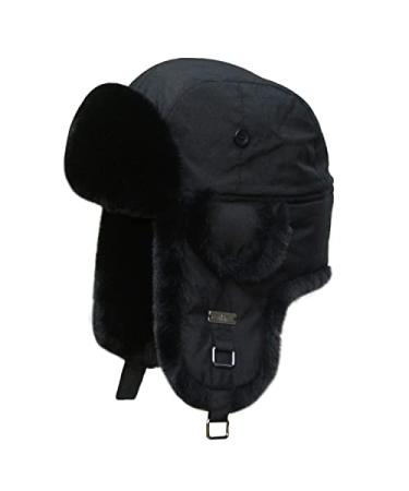 Kurhatic Winter Trapper Hat,100% Rabbit Fur Aviator Hat,Russian Trooper Hunting Ski Hat with Ear Flaps Black Black XX-Large