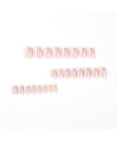 Mouyouglow Short Square Nude French Tip Press-On Nails | Colorful Full Cover Artificial Nails with Glue | Angular Skin Color Rainbow Acrylic Fingernails E26 - Buy Online on GoSupps.com