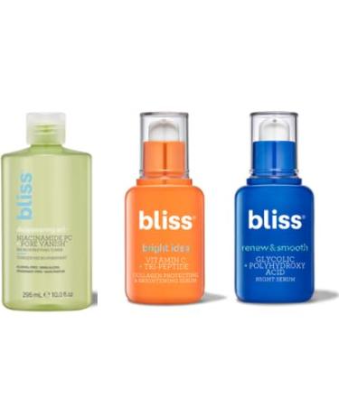 Bliss Radiance Trio - Disappearing Act Niacinamide Toner Renew & Smooth Night Serum & Bright Idea Vitamin C Serum - Pore Minimizing Exfoliating & Brightening - Clean Vegan & Cruelty-Free