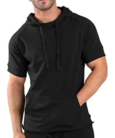 COOFANDY Men's Fashion Athletic Hoodies Pullover Muscle Fit Workout Gym Sweatshirt Cotton Short Sleeve Hooded T-Shirts Black X-Large - Buy Online on GoSupps.com