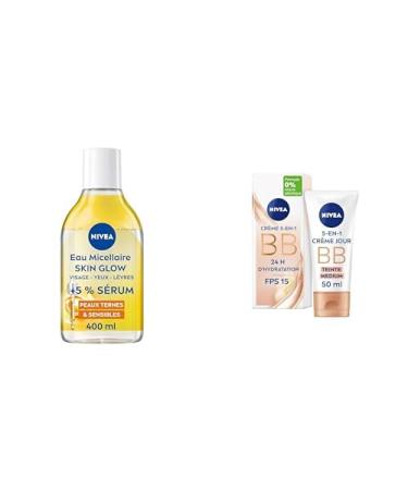 NIVEA Lot Skin Glow : Eau Micellaire Waterproof 400 ml + BB Cr me 5 en 1 Medium 50 ml D maquille Illumine & Hydrate 24H Vitamines C & E Complexe Amino Acid Peaux Ternes & Sensibles