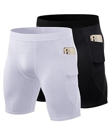 Anawakia Compression Shorts for Men Pocket Running Underwear Workout Athletic 2 Pack : White & Black Small