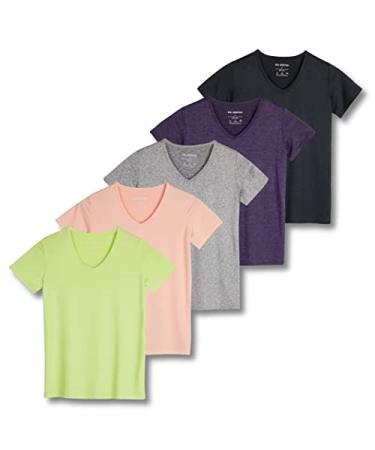 5 Pack: Women's Short Sleeve V-Neck Activewear T-Shirt Dry-Fit Moisture Wicking Yoga Top (Available in Plus) Regular Size Small Set 11