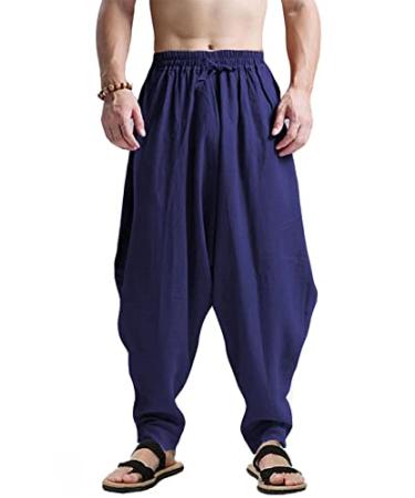 CLANMILUMS Men's Casual Harem Pants Baggy Boho Hippie Drop Crotch Trousers Medium Navy