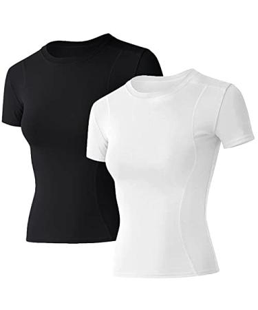 Loovoo Women Workout Shirts 2 Pack Crop Long Sleeve Short Sleeve Athletic Compression Dry Fit Yoga Gym Tops A1_black&white_short Sleeve Small