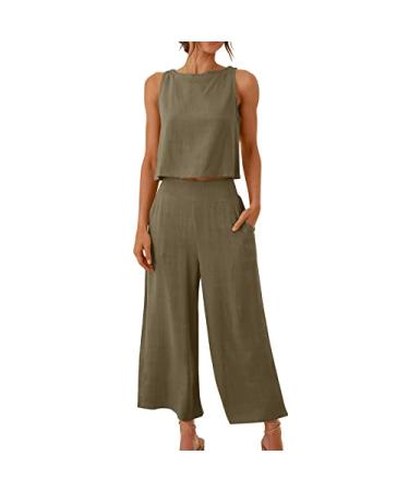 Two Piece Sets for Women Summer Casual Solid Color Set Sleeveless Round Neck Crop Top Wide Leg Capri Pants with Pocket Khaki Medium