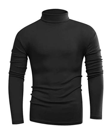 Beauhuty Men's Basic Turtleneck Long Sleeve T-Shirts Fleece Knitted Casual Pullover Top Black Large