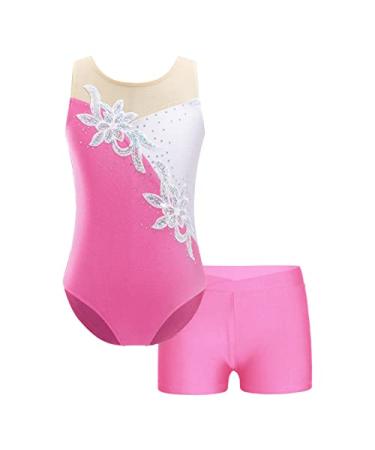 Linjinx Kids Girls Rhinestone Floral Gymnastics Dance 2 Piece Outfits Sleeveless Leotards with Athletic Shorts Sets Tracksuit Pink 10 Years