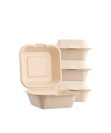 50 COUNT Sugarfiber 6 X 6" Compostable Square Hinged Container, Single Compartment Clamshell Takeout Box, Made from Eco-Friendly Plant Fibers 6" X 6"