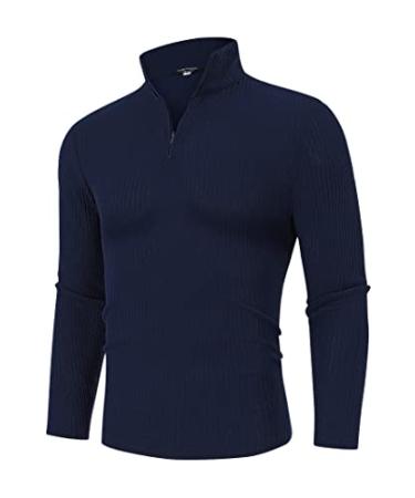 TURETRENDY Men's Muscle T Shirts Stretch Classic Quarter Zip Sweaters Pullover Jumper Knitwear Blue X-Large