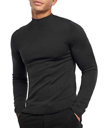 KINGBEGA Men Regular Fit Basic Lightweight Long Sleeve Pullover Top Mock Turtleneck T-Shirt Black Large