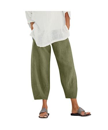 Mackneog Casual Loose Women Linen Capri Pants Summer Elastic Womens Pull On Capris Casual Plus Size Pants Pants Women Capris Army Green X-Large