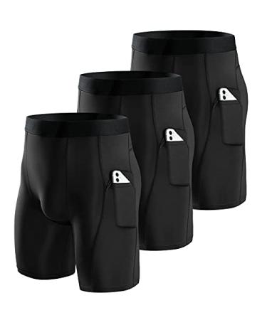 Niksa Compression Shorts Men 3 Pack Compression Underwear for Men Athletic Shorts with Pockets Running Workout Fitness Shorts Large Black*3