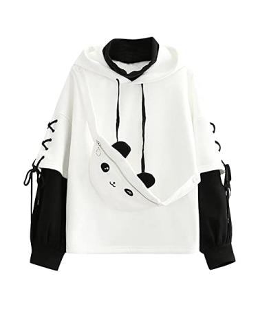 JOAU Bear Hoodie for Womens Autumn Patchwork Sweatshirts Junior Girls Long Sleeve Pullover with Cute Personality Bag White Large