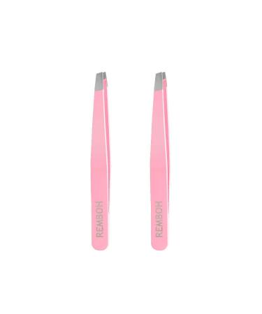 Remboh Slant Tweezers - Professional Tweezers for Eyebrows Stainless Steel Slant Tip Tweezer - The Best Precision Eyebrow Tweezers ( Pink Pack of 2 )