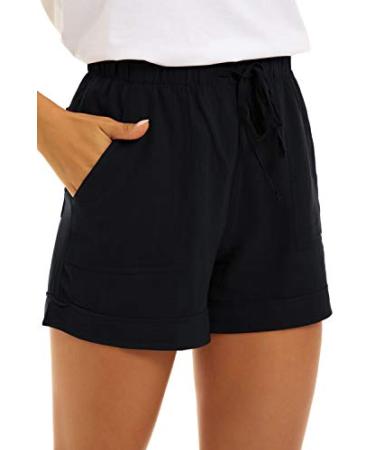 KINGFEN Women Casual Cotton Shorts Drawstring Comfy Elastic Waist Shorts Summer Pull On Short with Pockets(S-2XL) A2-black Medium